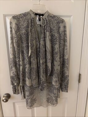 BCBGMaxAzria silk Light Gray and Navy Paisley Tie-Neck Blouse